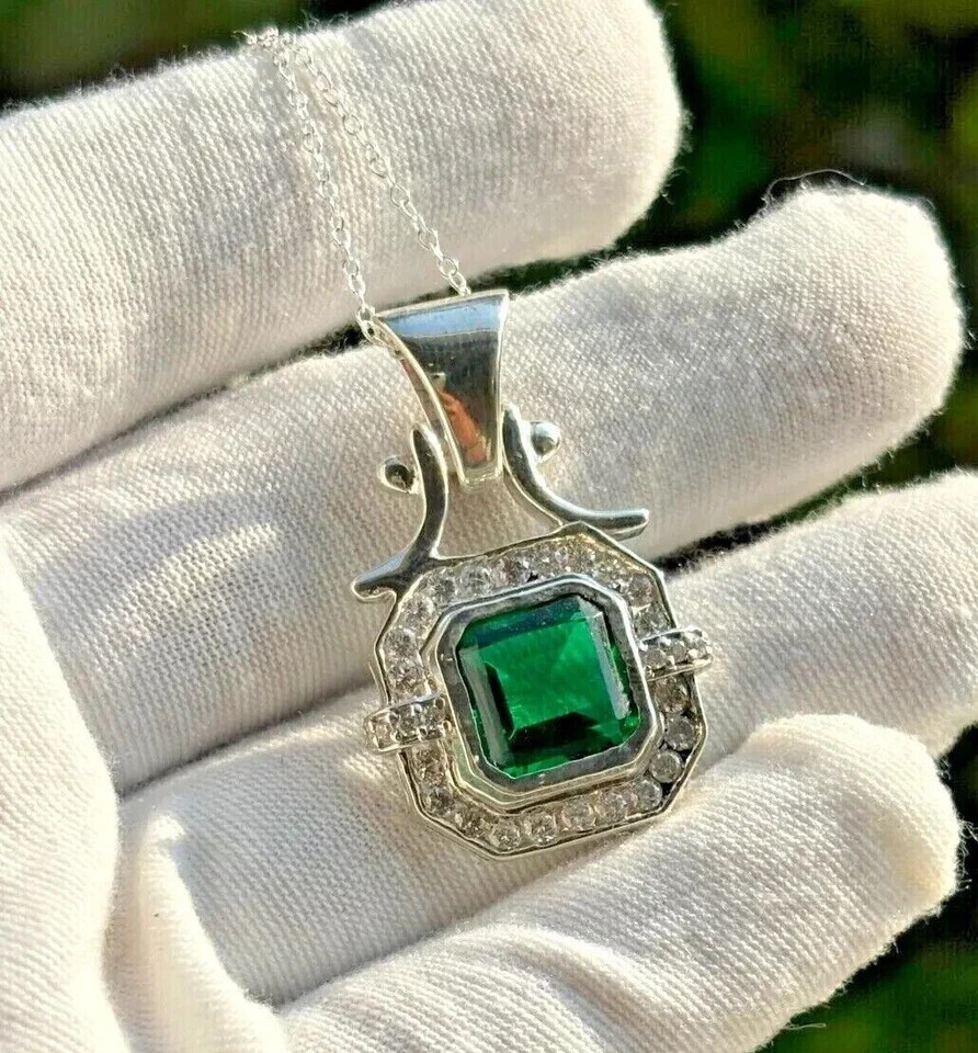 2.70Ct Asscher Cut Lab Created Emerald Halo Pendant 14K White Gold Finish