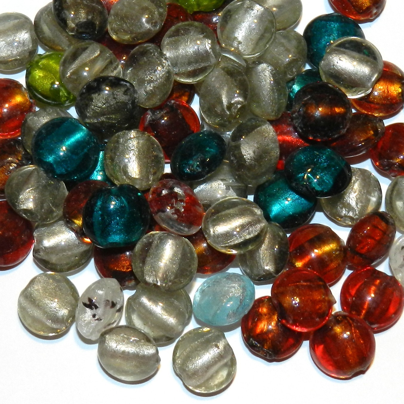 G3522 Assorted Color Silver Foil-Lined 12mm – 14mm Flat Round Glass Beads 40pc