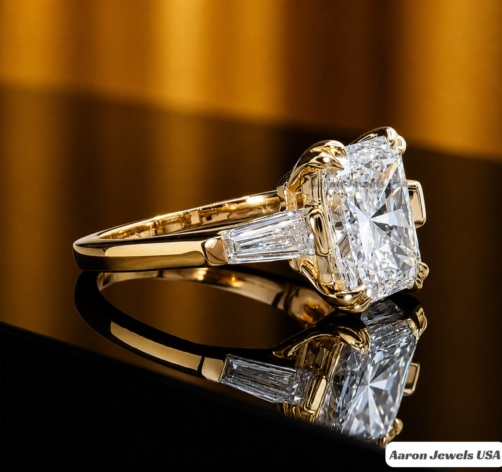 IGI 4.50 Ct Radiant Lab Created Diamond Three Stone Ring 14K Yellow Gold F VS1
