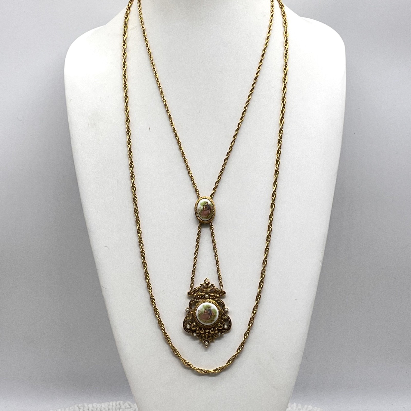 Vintage Cameo Necklace Courting Couple 2 Strand Romantic Victorian Revival