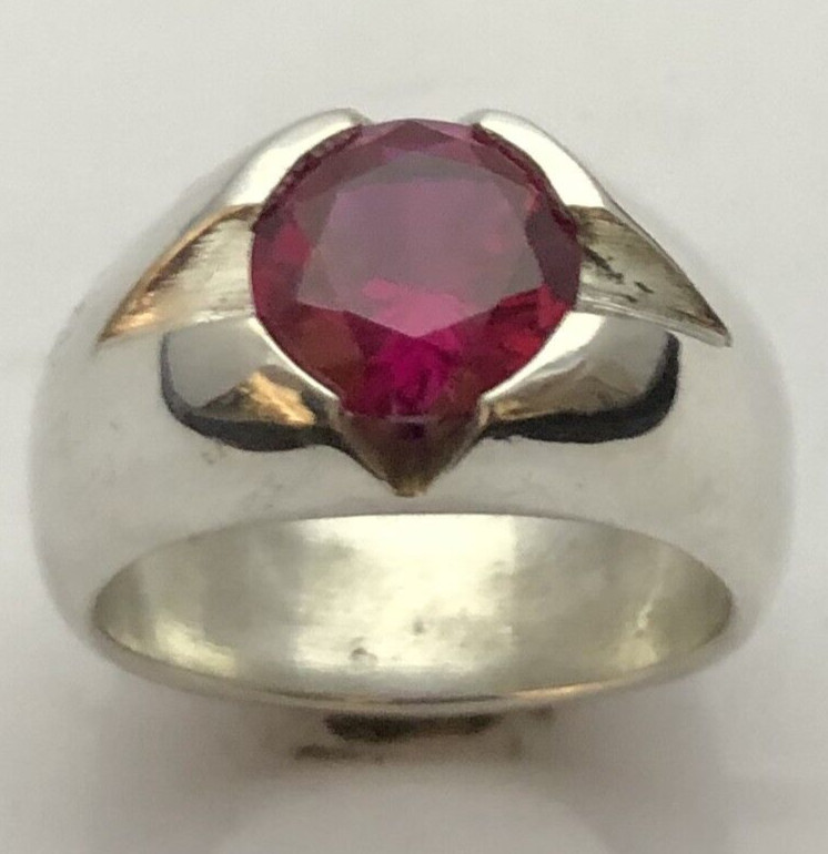 MJG STERLING SILVER MEN’S RING.V GROOVE 10MM LAB RUBY PRONG SET. SIZE 10
