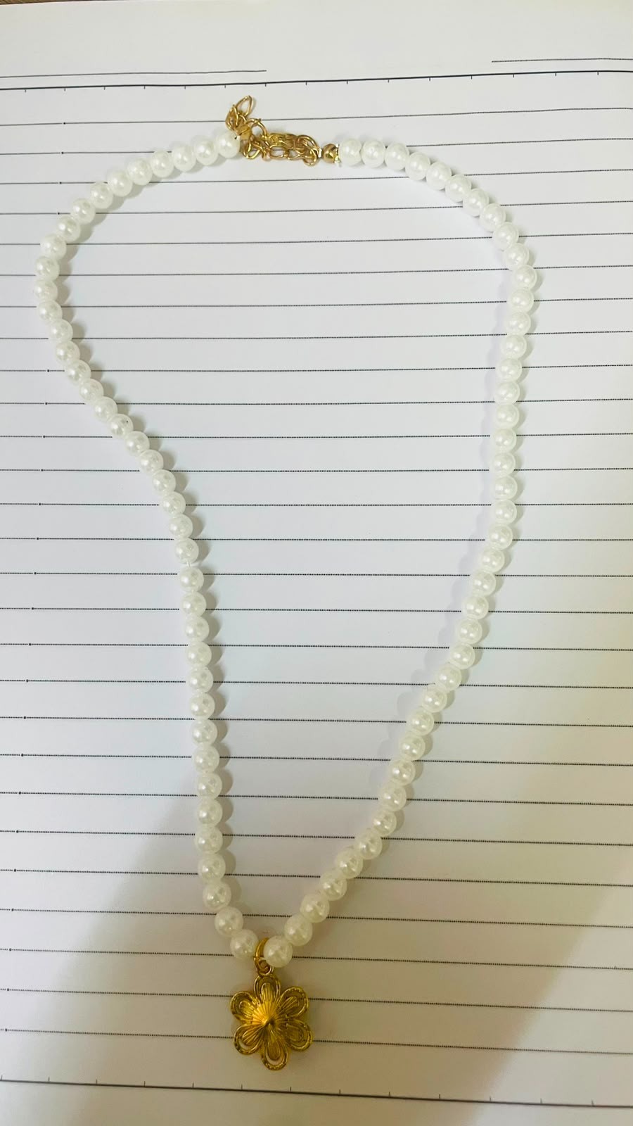 Faux Pearl Beaded Necklace Gold Tone Flower Pendant Vintage Jewelry Gift Women