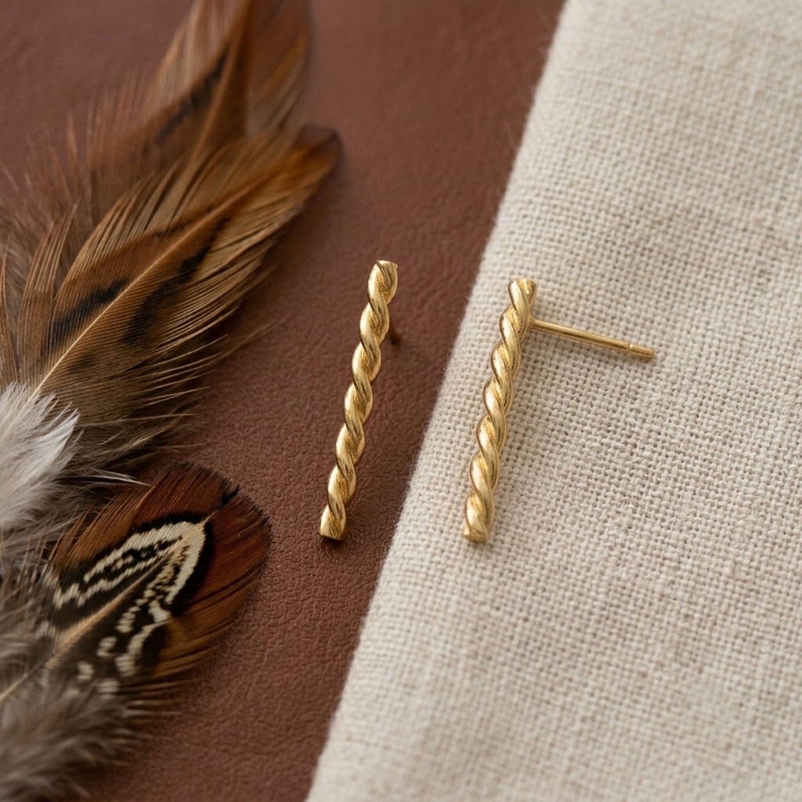 18K Elegant Yellow Gold Twisted Bar Stud Earrings | 925 Sterling Silver Jewelry