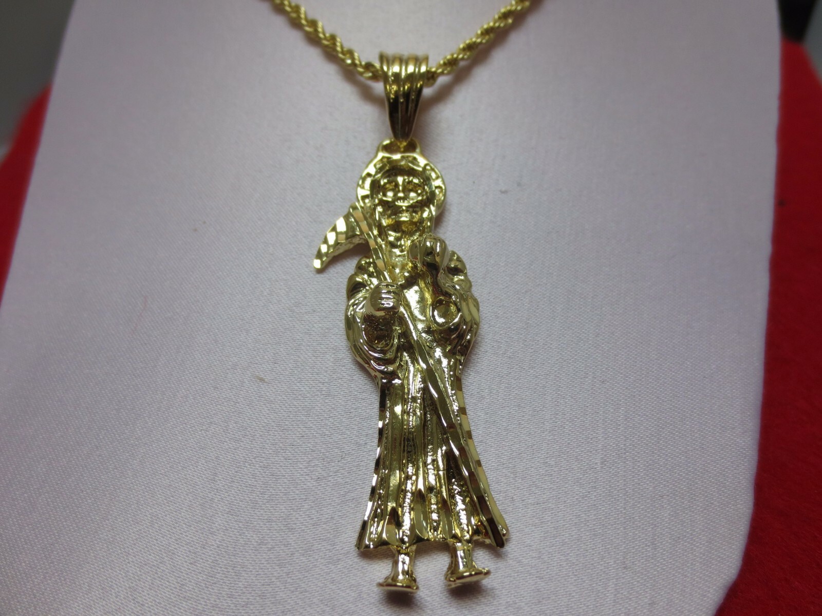 14 KT GOLD PLATED (3″) SANTA MUERTE CHARM & 30INCH 3 MM ROPE CHAIN SET-A83