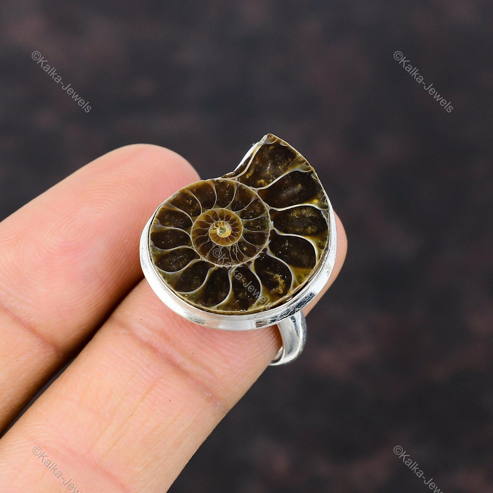 Natural Ammonite Fossil Gemstone Statement Adjustable Ring 925 Sterling Silver