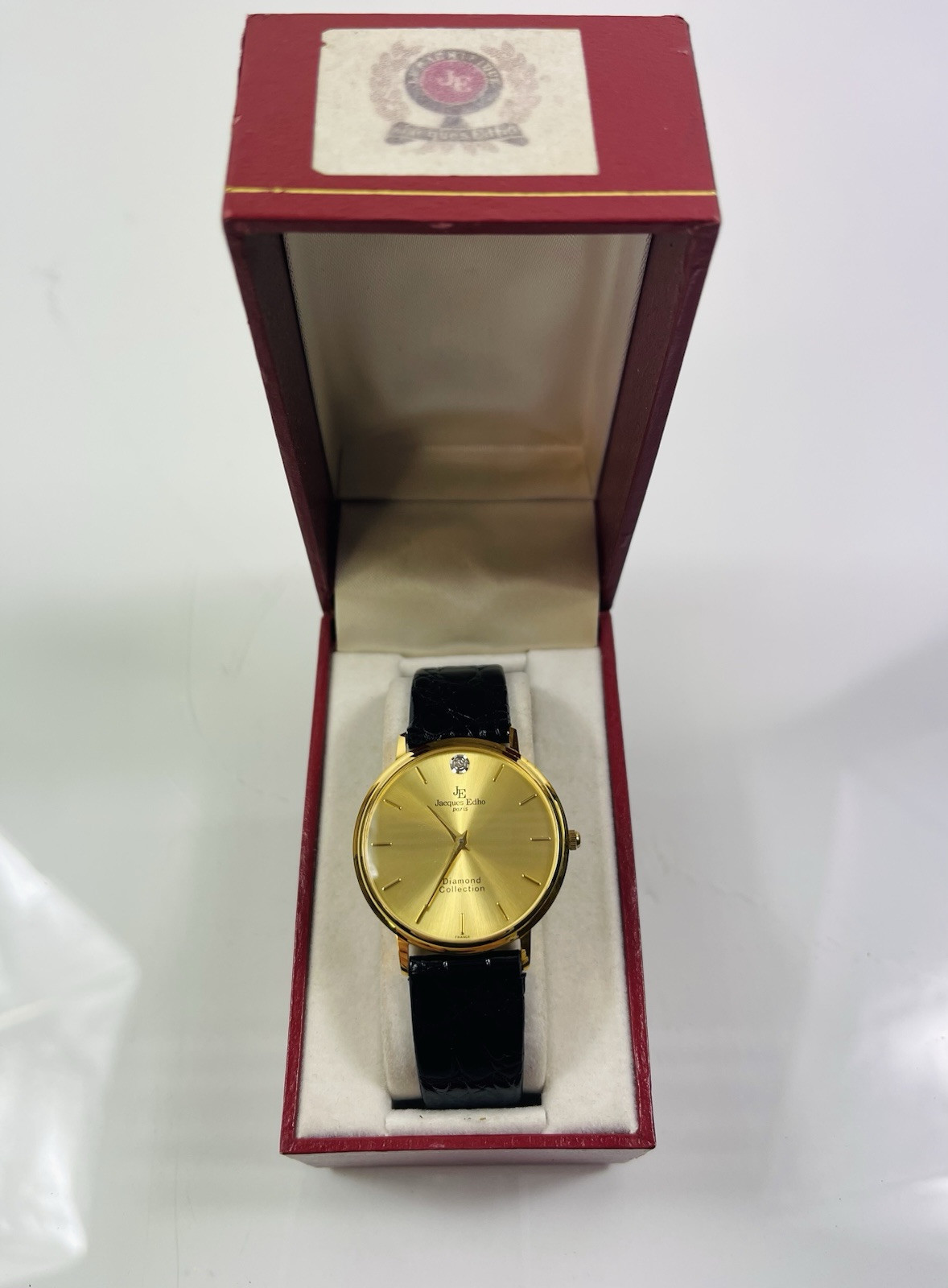 Jacques Edho Ladies Watch 18K Plated Diamond Dial Black Leather