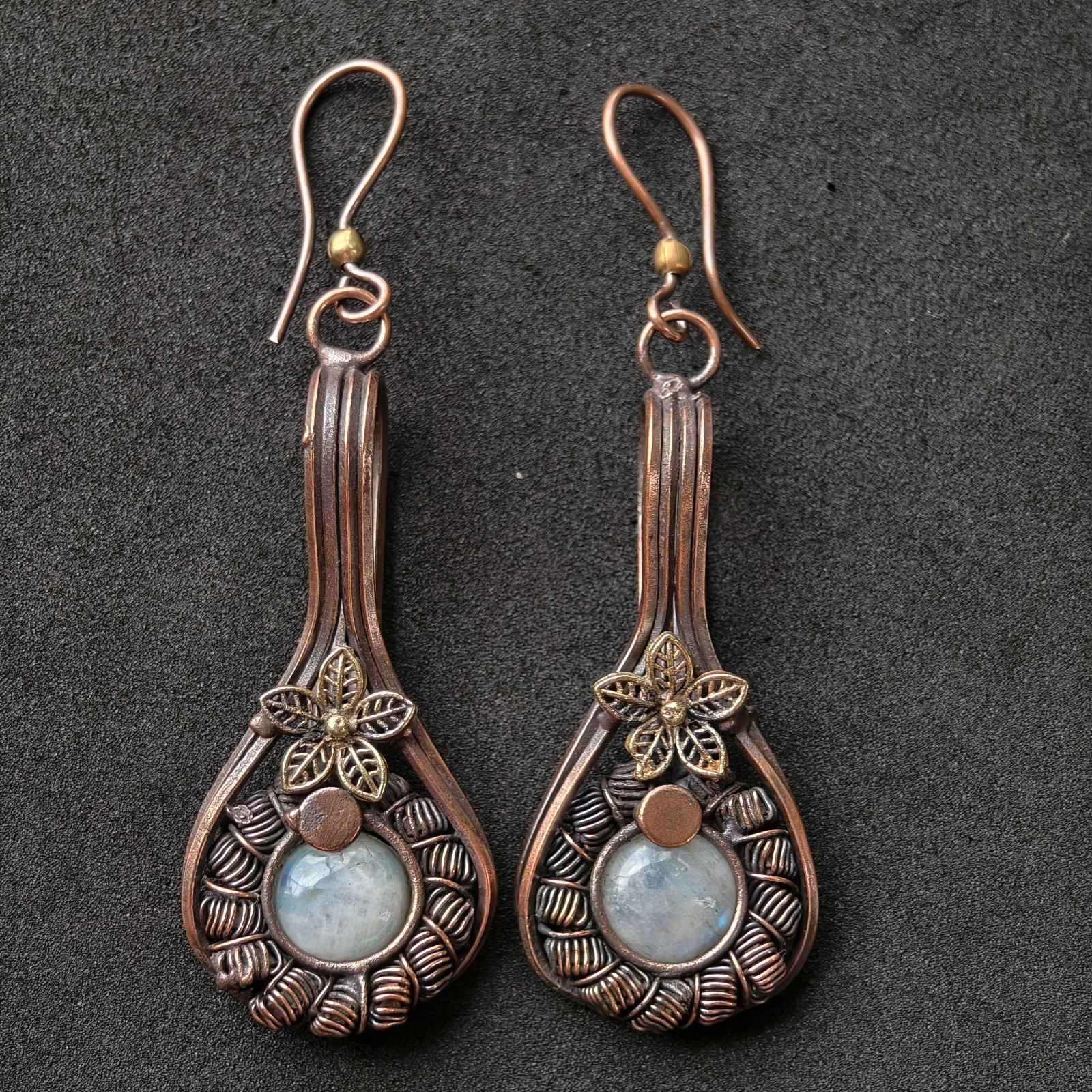 Copper Wire Wrapped Moonstone Dangle Earrings, Handmade Copper Gemstone Earrings
