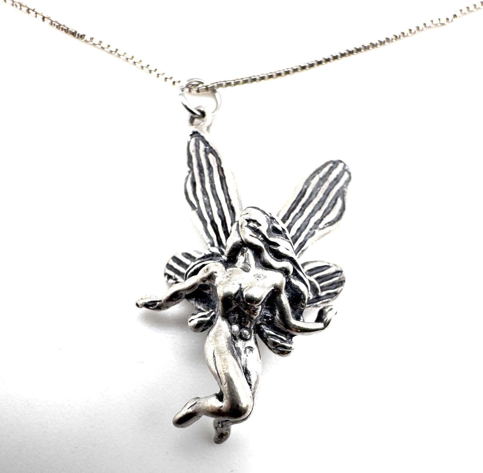 925 Sterling Silver Fairy Pendant Necklace 18″ Box Chain Fantasy Pixie 4.76g