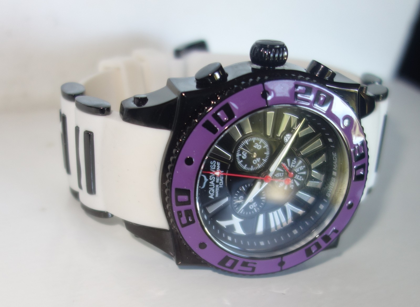AQUASWISS Chronograph Swiss Quartz Large 50 MM Watch Stainless Steel PURPLE NEW
