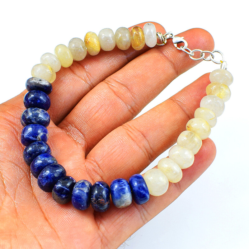 195.00 Cts Natural 7″ Long Sodalite & Rutile Quartz Beads Bracelet NK 72E103