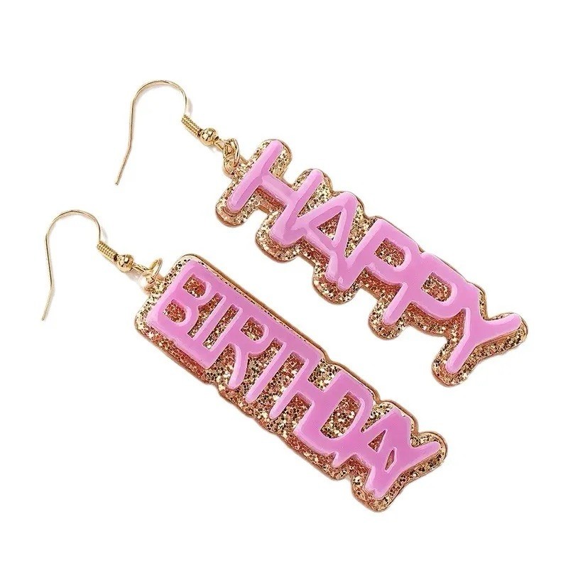 KLASS Lightweight Pink Gold Happy Birthday Glitter Sparkle Earrings Drop Dangle