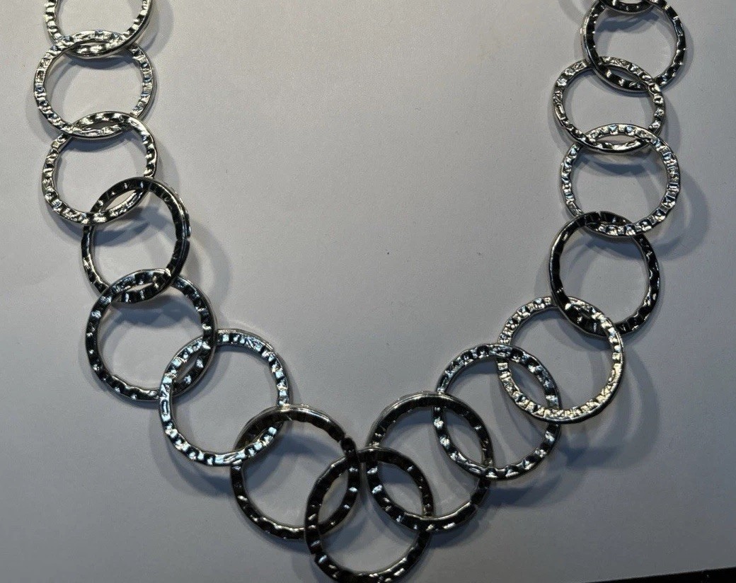Women’s Silver Hoop Chains Necklace 28” Loops Circles Overhead No Clasp Wear NEW