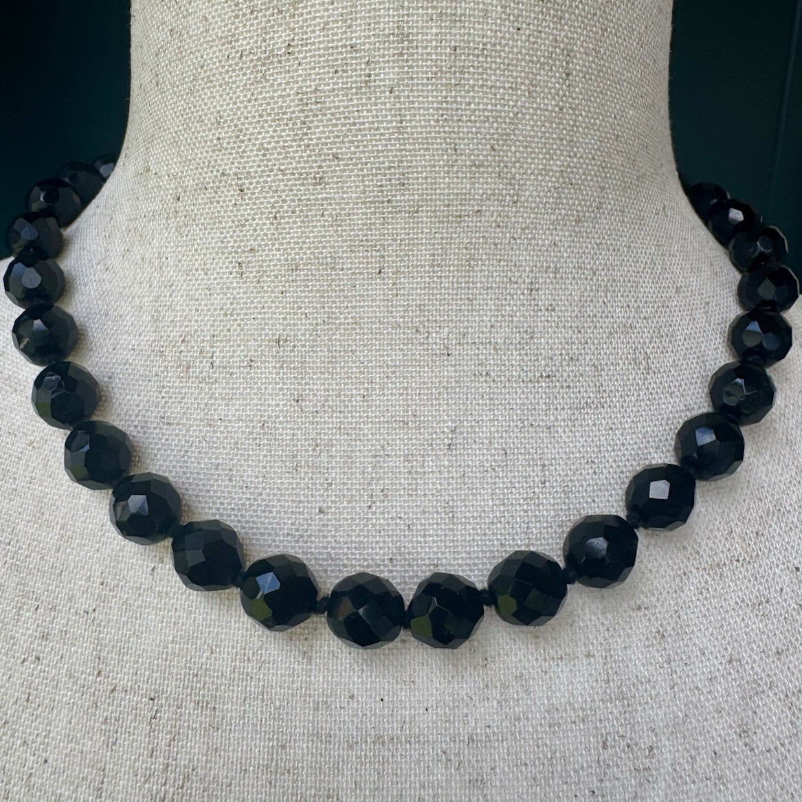 Vintage Hand-Knotted Faceted Black Glass Bead Necklace Fishhook Clasp 42.82g