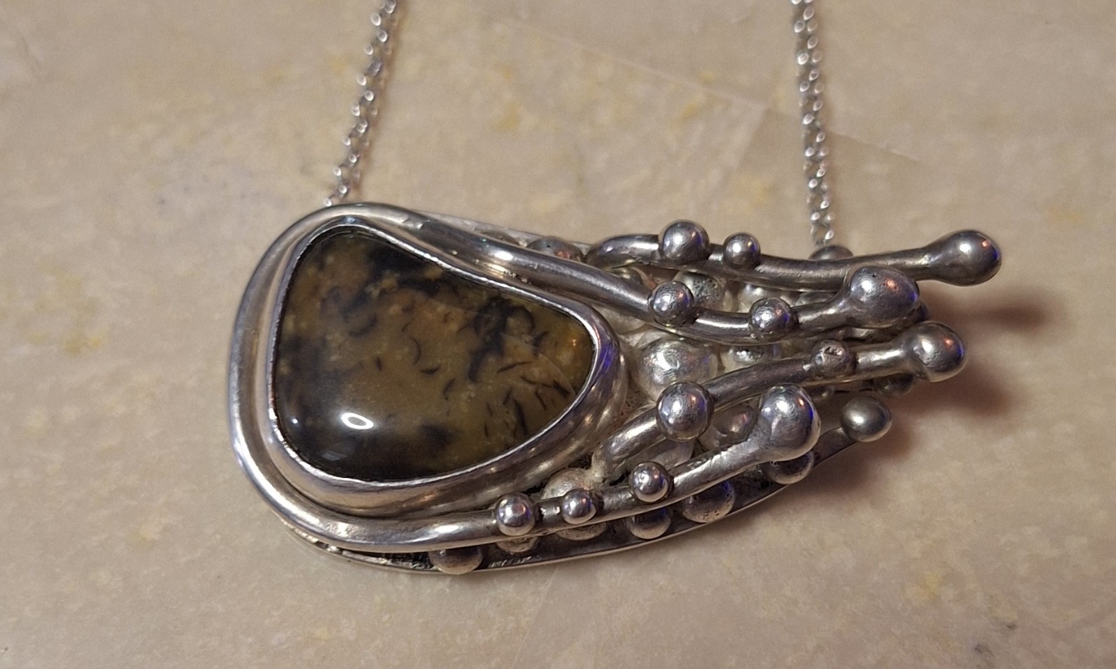 Martin Denoch Beach Stone Pendant 925 Sterling Silver Chain Brutalist Sweden