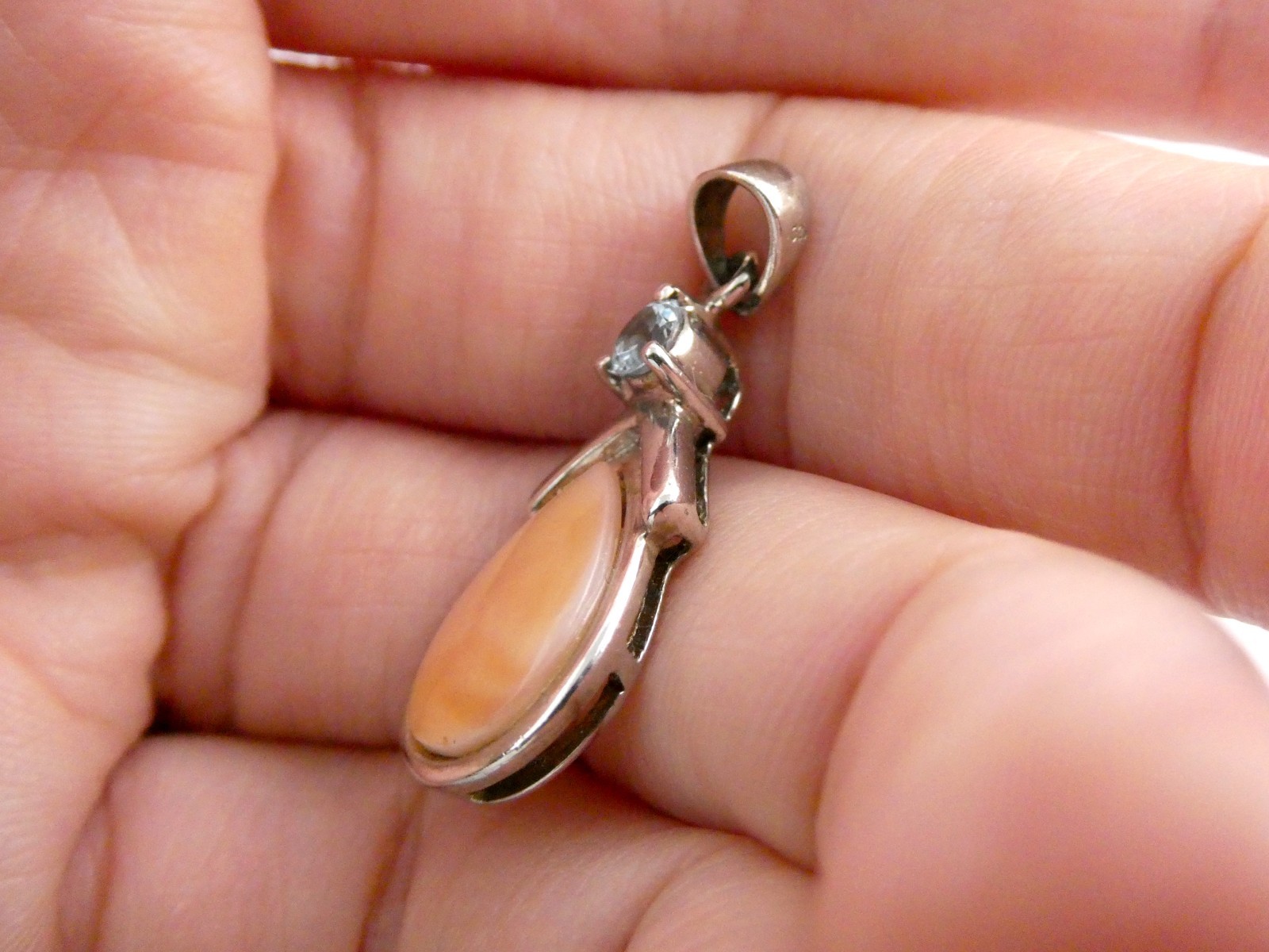 Sterling Silver Blue Topaz and Peach MOP Shell Pendant 925 1.25 Inch Length