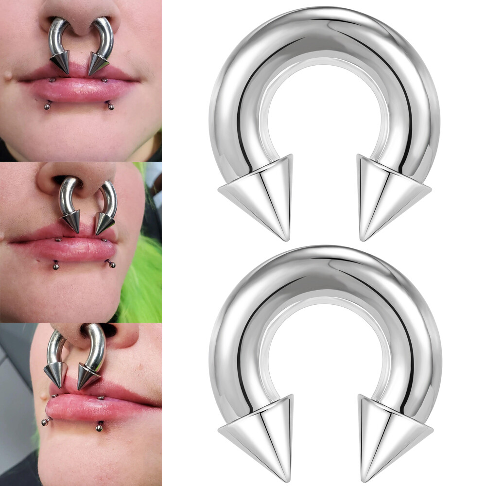 2Pcs Stainless Steel Spike Circular Barbells Large Septum Ring Ear Gauge Earring