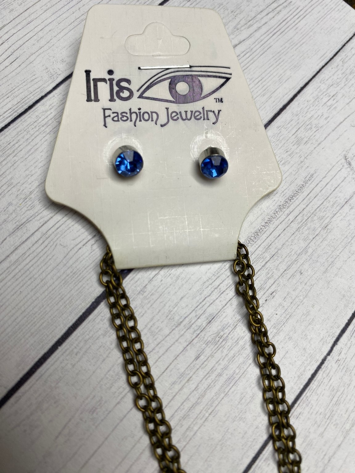 Iris Necklace and Earrings Set Bronze Blue Bunny Pendant Kids Jewelry