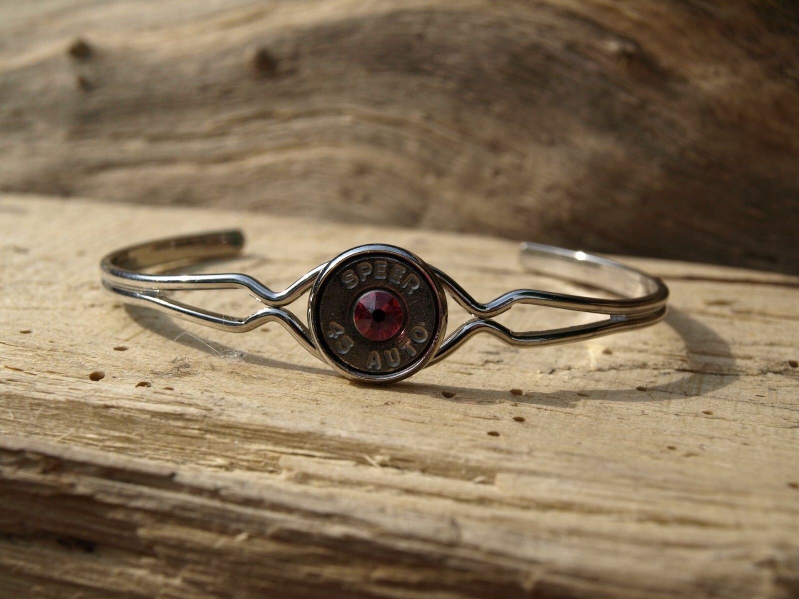 Thin Silver Cuff Bracelet with 45 Auto Bullet Casing. Optional Crystal