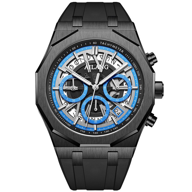 AILANG Men Skeleton Dodecagonal Multifunction Chronograph Luminous Quartz Watch