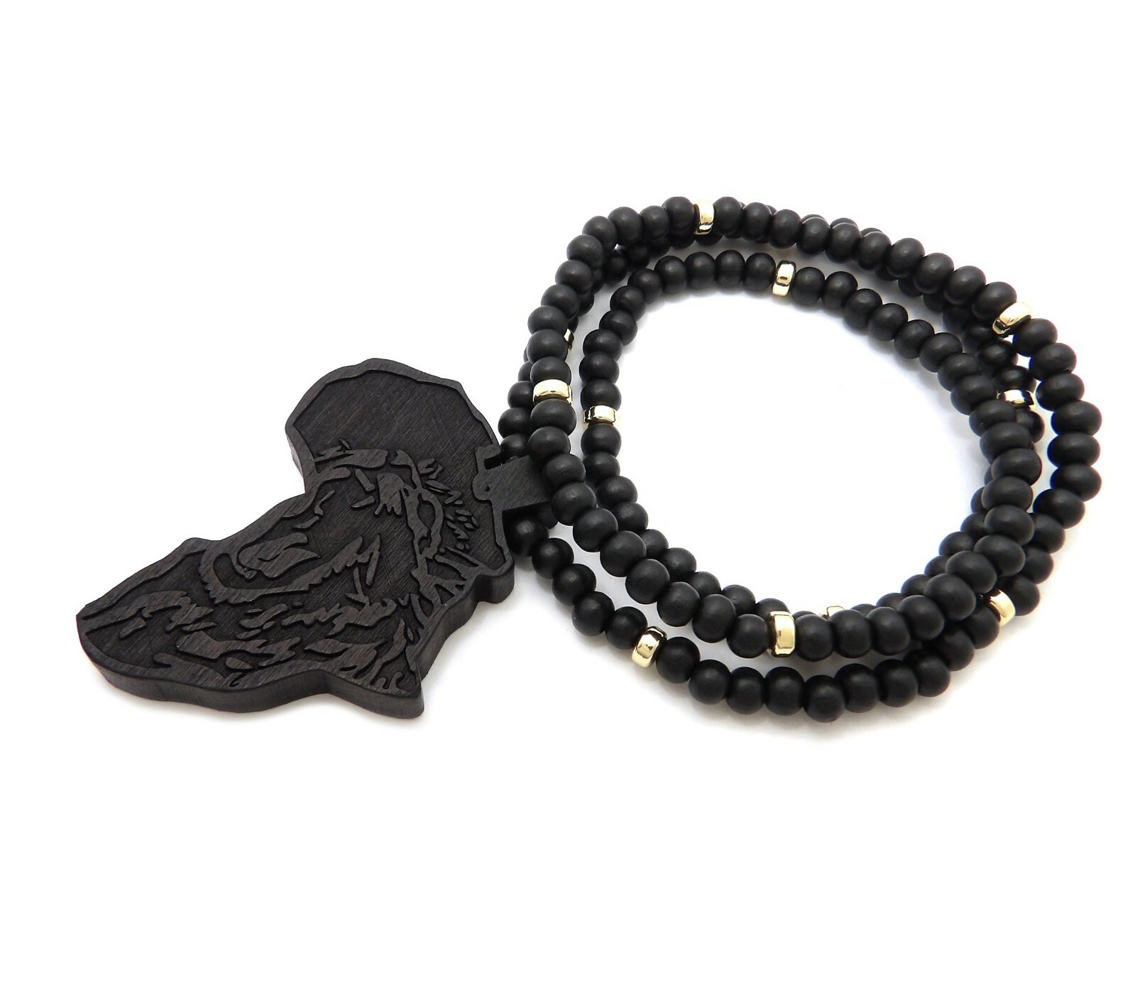Black Lion Head Africa Pendant & 6mm 26″ Wooden Beads Chain Fashion Necklace