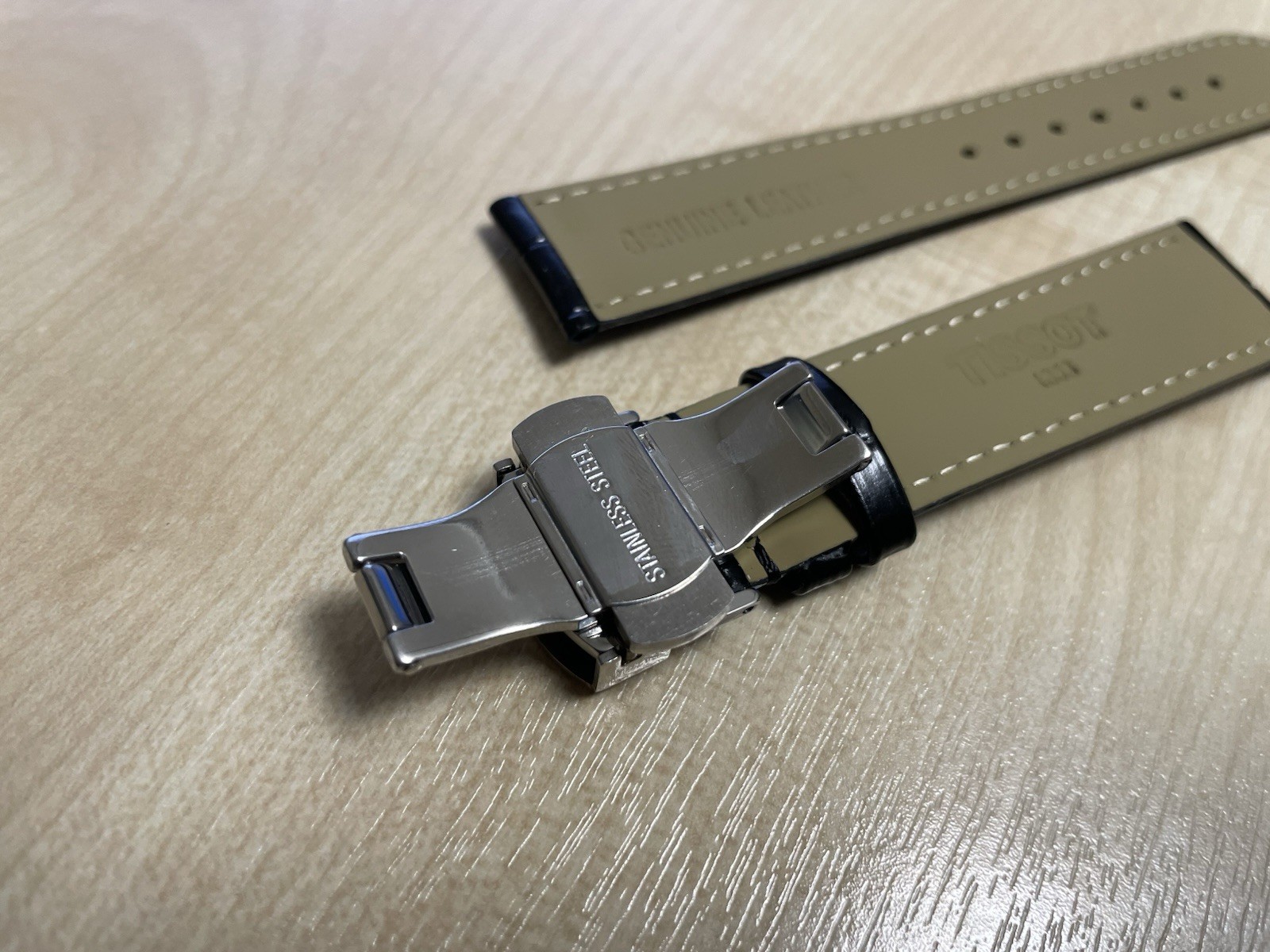19/20mm Tissot Black Leather Watch Strap With Deployment push button Clasp