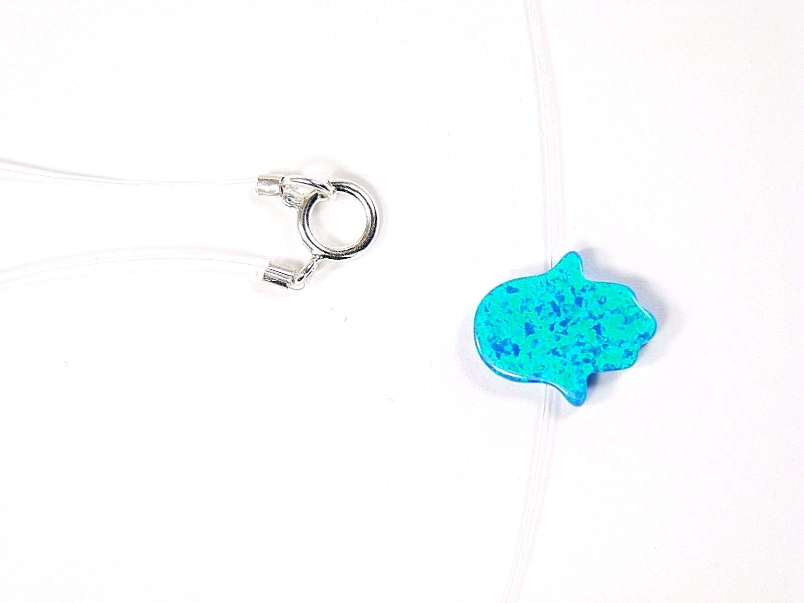 Opal Hamsa Hand Necklace Floating illusion Clear Fishing Line Nylon Silver Clasp