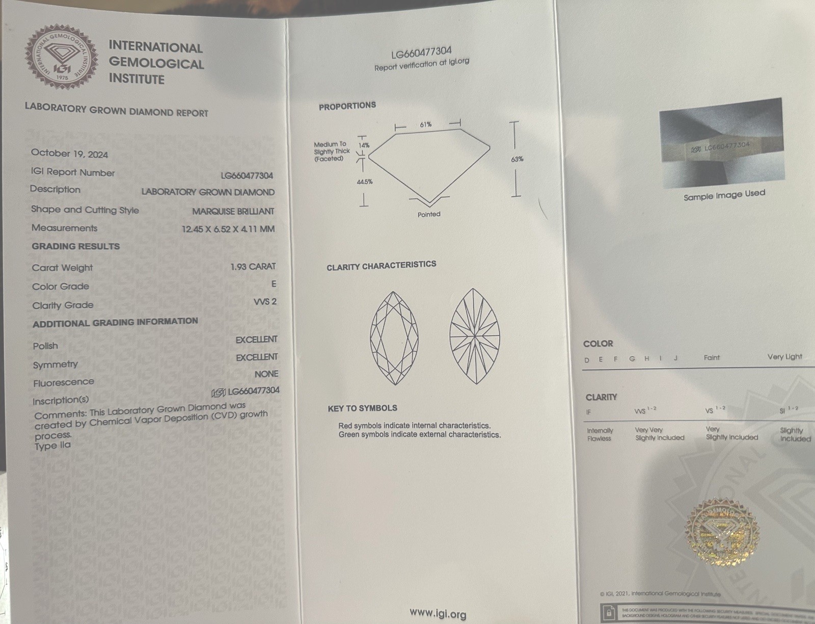 Lab Diamond 1.93 Carat Marquise VVS2 Color E IGI Certified