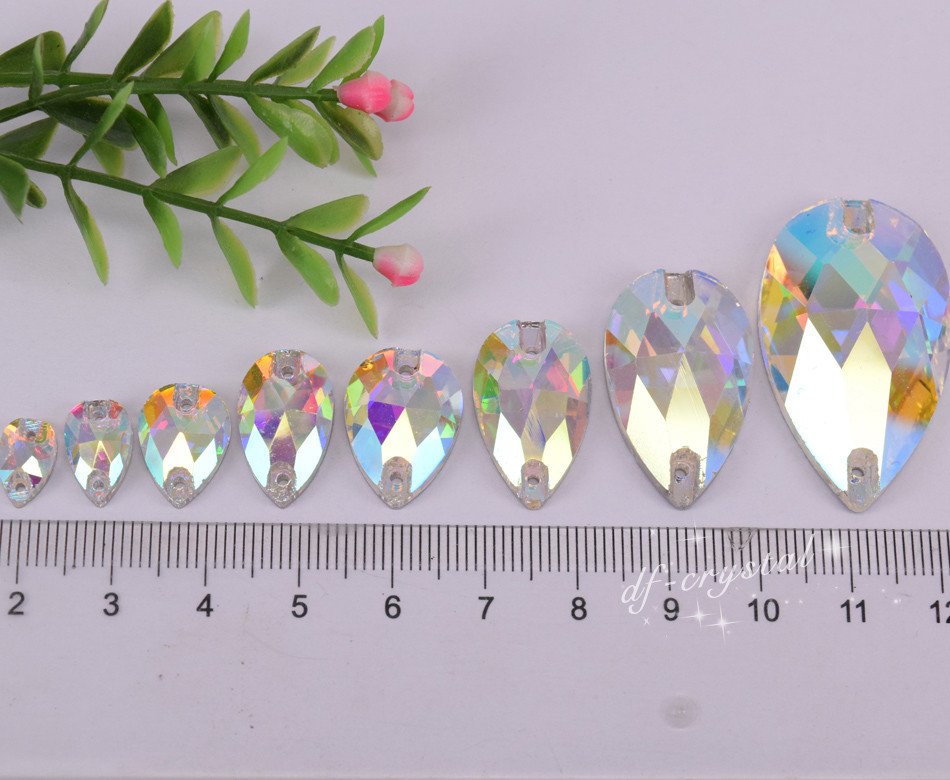 Clear AB Sew On Glass Crystal Rhinestones Teardrop Flatback Stone Size sele