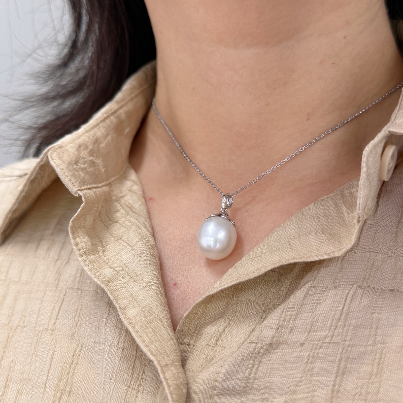 Big 14.2mm Drop White South Sea Pearl Pendant,High Luster, Sterling Silver, 1.1″