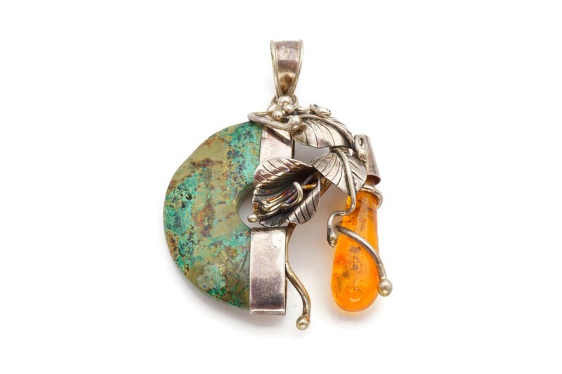 Vintage Sterling Silver 925 Amber Turquoise Pendant