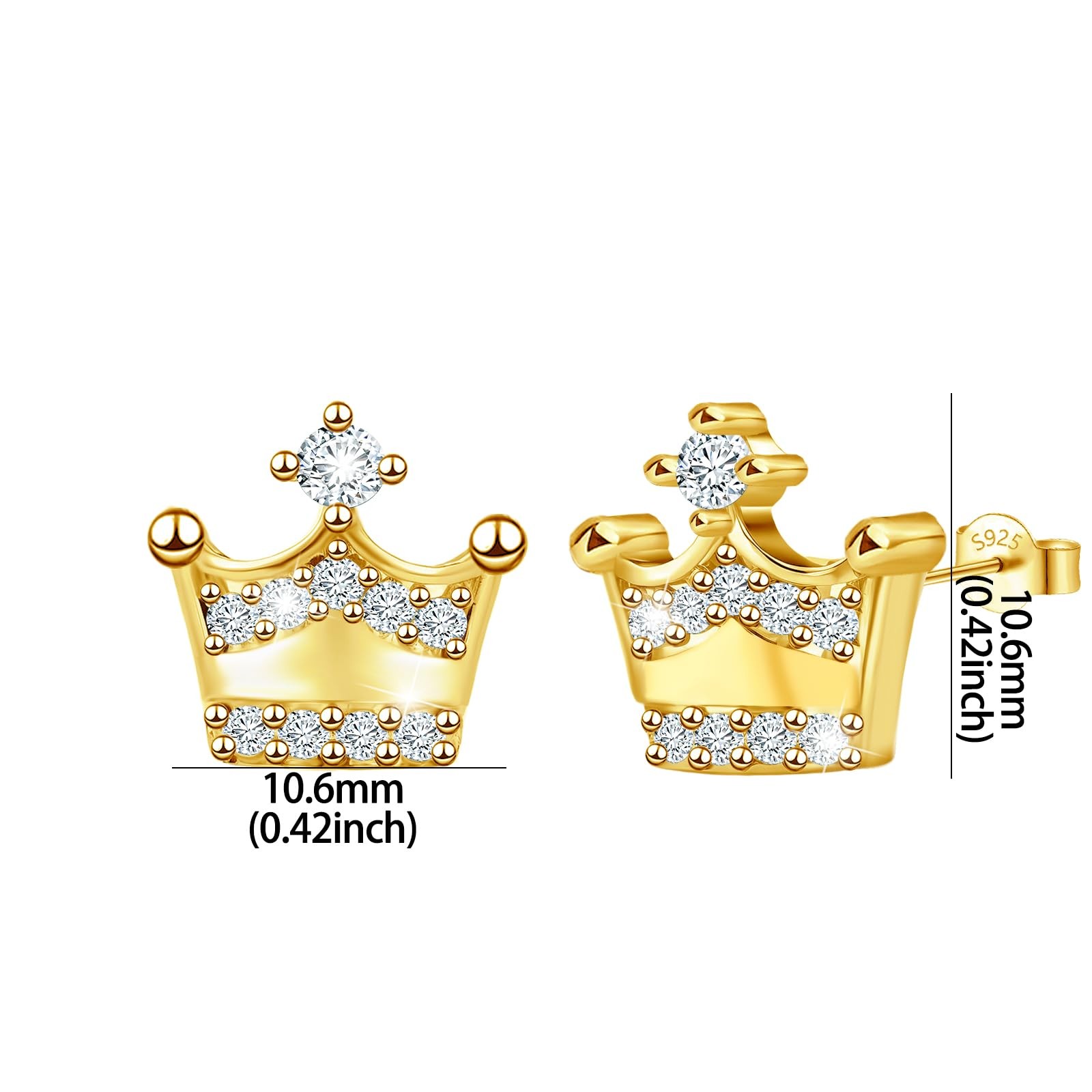 Sterling Silver Crown Earrings – Hypoallergenic 10.8 millimeters, gold