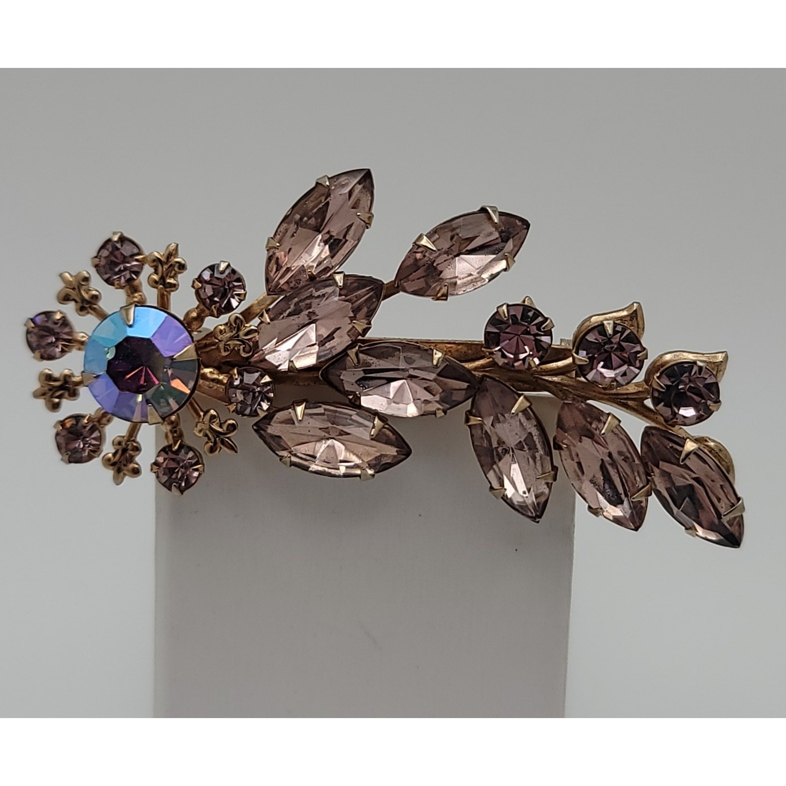 Vintage Lavender Rhinestone Floral Brooch Central Aurora Borealis Stone