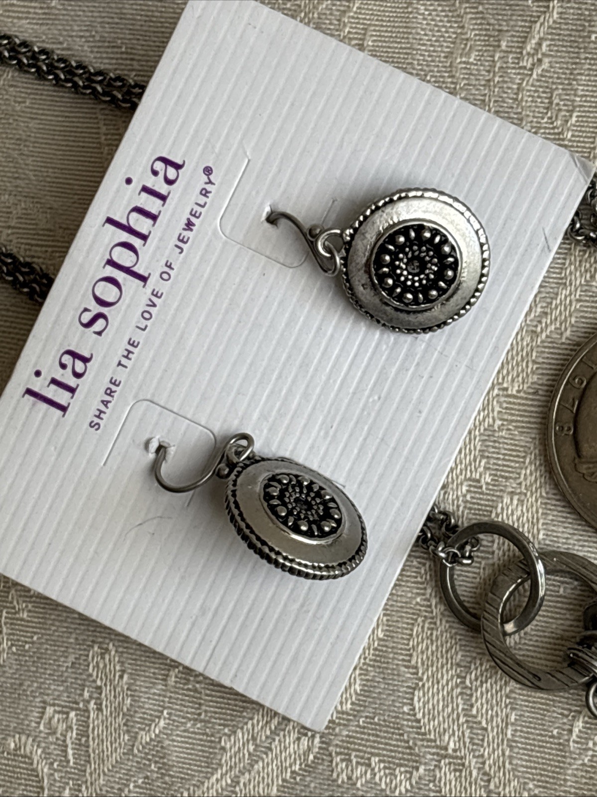 Lia Sophia Quill Necklace Satin Matte Silver Tone Long & Botanica Reversible PE