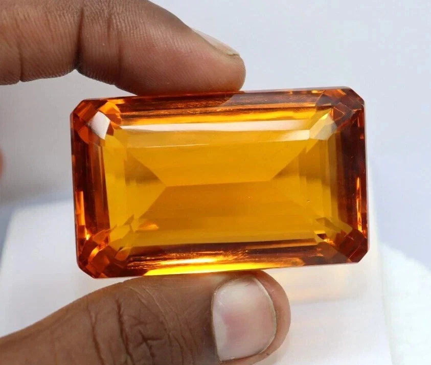 120 Ct+ Natural Emerald Cut Deep Orange Topaz GIE Certified Loose Gemstone