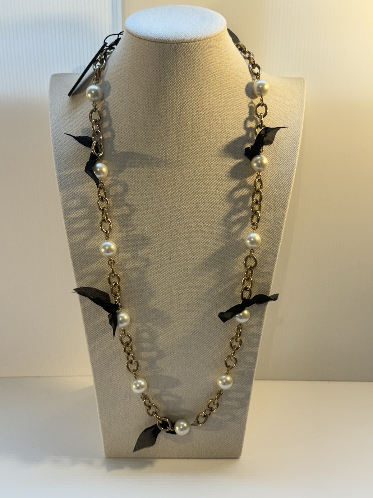 90’s Ann Taylor NWT Statement Necklace Chain Pearl Ribbon Heavy Chunky 33.5” L