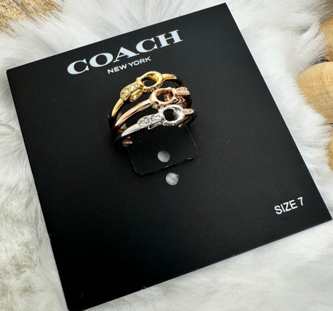 Coach Interlocking C Pavé Ring Set Size 7 Tri Tone Gold Silver Rose Gold