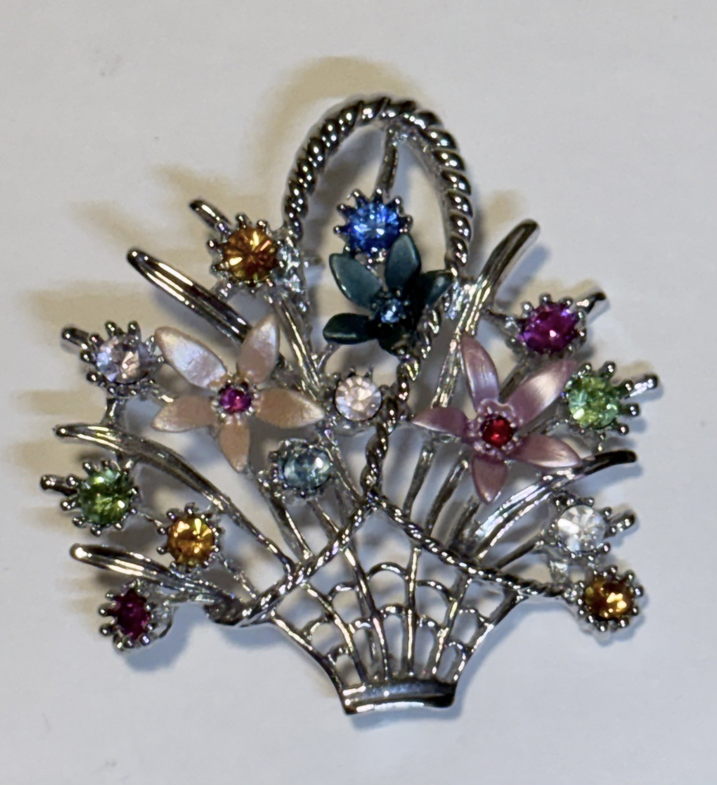 Flower Basket Pin Brooch Silver Tone Enamel Rhinestone Vintage 2” Beautiful!