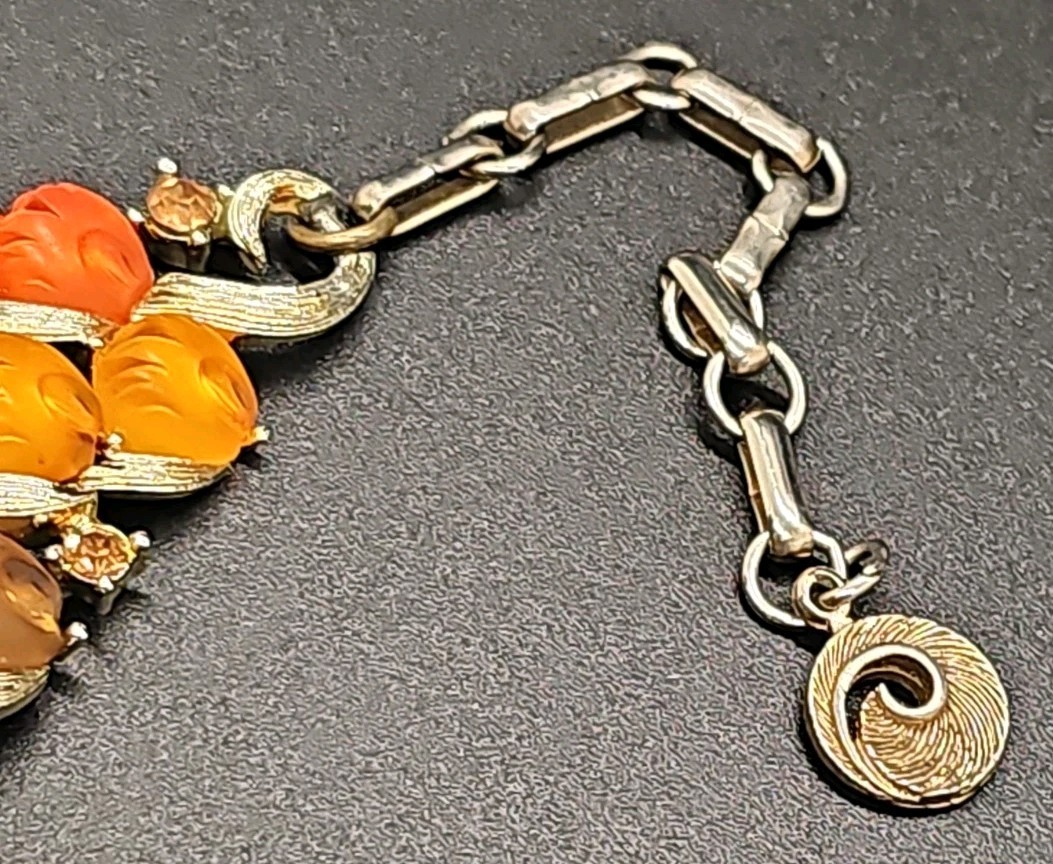 Lisner Thermoset Autumn Orange Amber Brown Pumpkins Necklace Rhinestones 50s