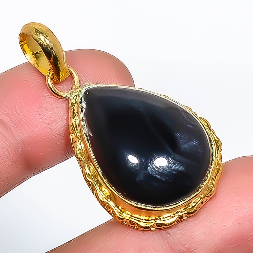 Natural Black Onyx Gemstone 925 Silver Gold Plated Pendant 1.56″ P7622-597