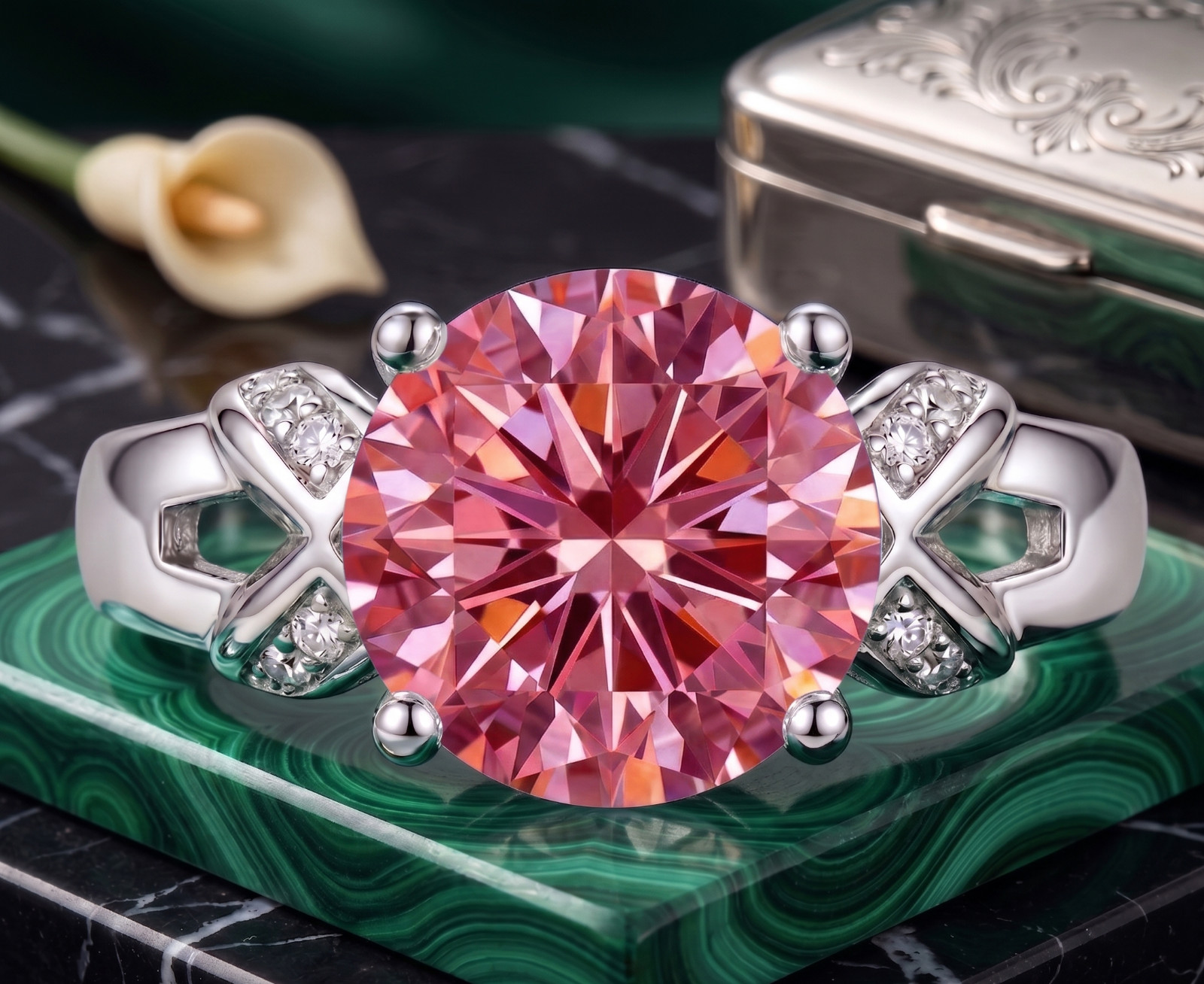 RARE 6.00 Ct Certified Round Shape Pink Natural Diamond Ring White Gold Finish