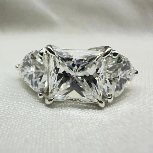 4Ct Princess Cut Moissanite Three Stone Engagement Ring 14K White Gold Plated
