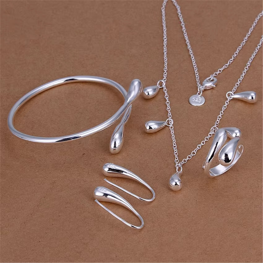 925 Sterling Silver Water Drop Jewelry Set Necklace Bracelet Earrings Ring Gift