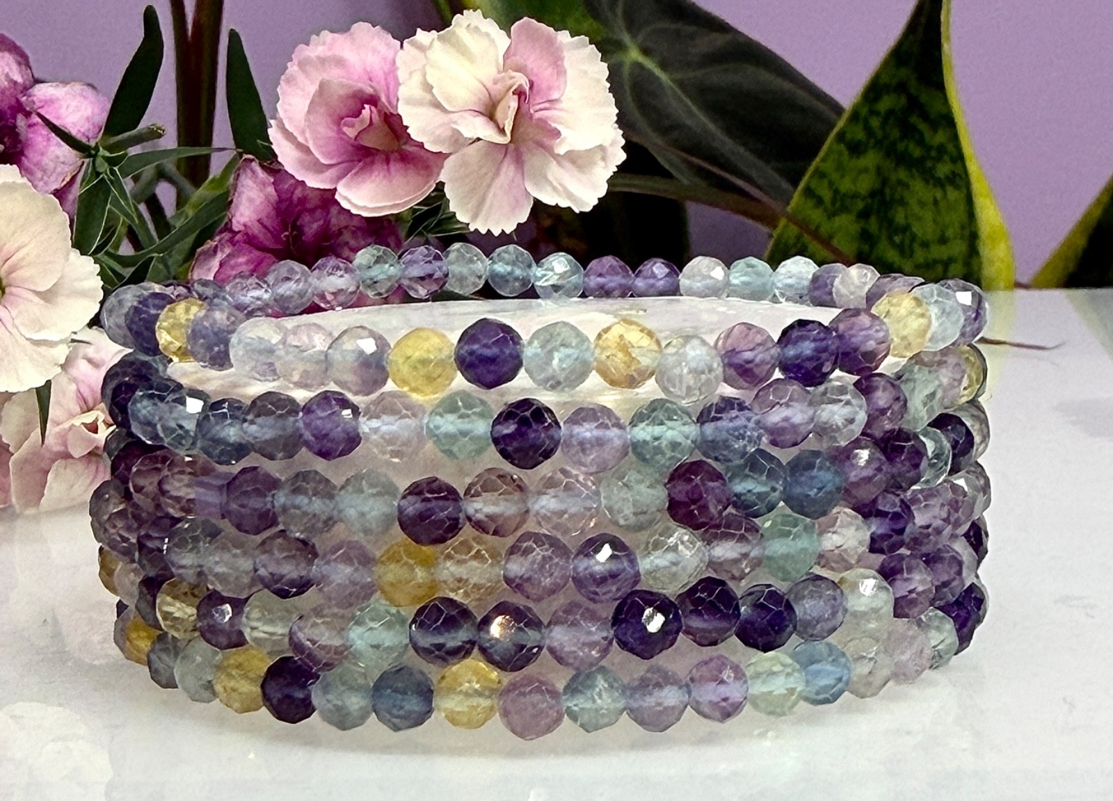 Wholesale 6 Pcs Natural Fluorite 4mm Faceted 7.5” Stretch Bracelet