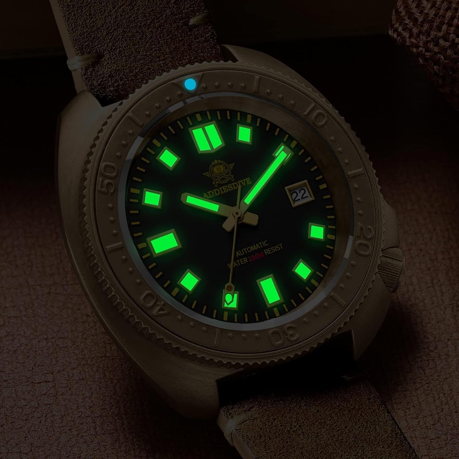 Men’s Vintage Bronze Dive Watch 200M Waterproof with Suede Leather Strap