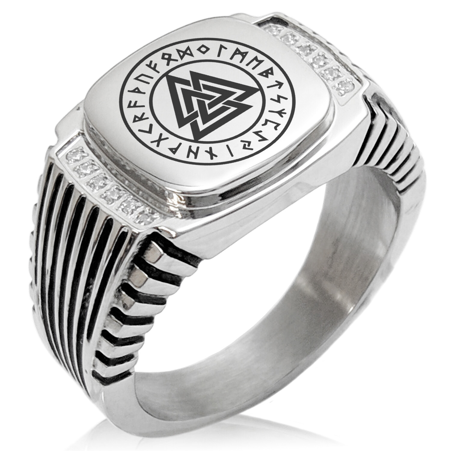 Stainless Steel Steel Norse Valknut Knot Viking CZ Biker Style Signet Ring