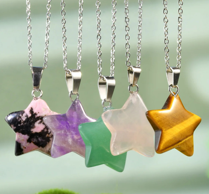 5 Strand Natural Gemstone Five-pointed Star Pendant stainless steel Necklace 18