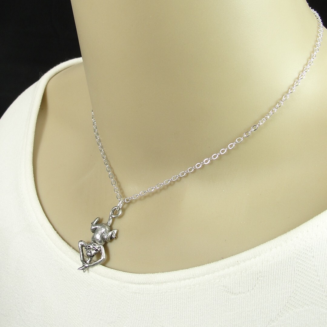 Silver Monkey Necklace – Monkey with Banana Charm – Monkey Pendant