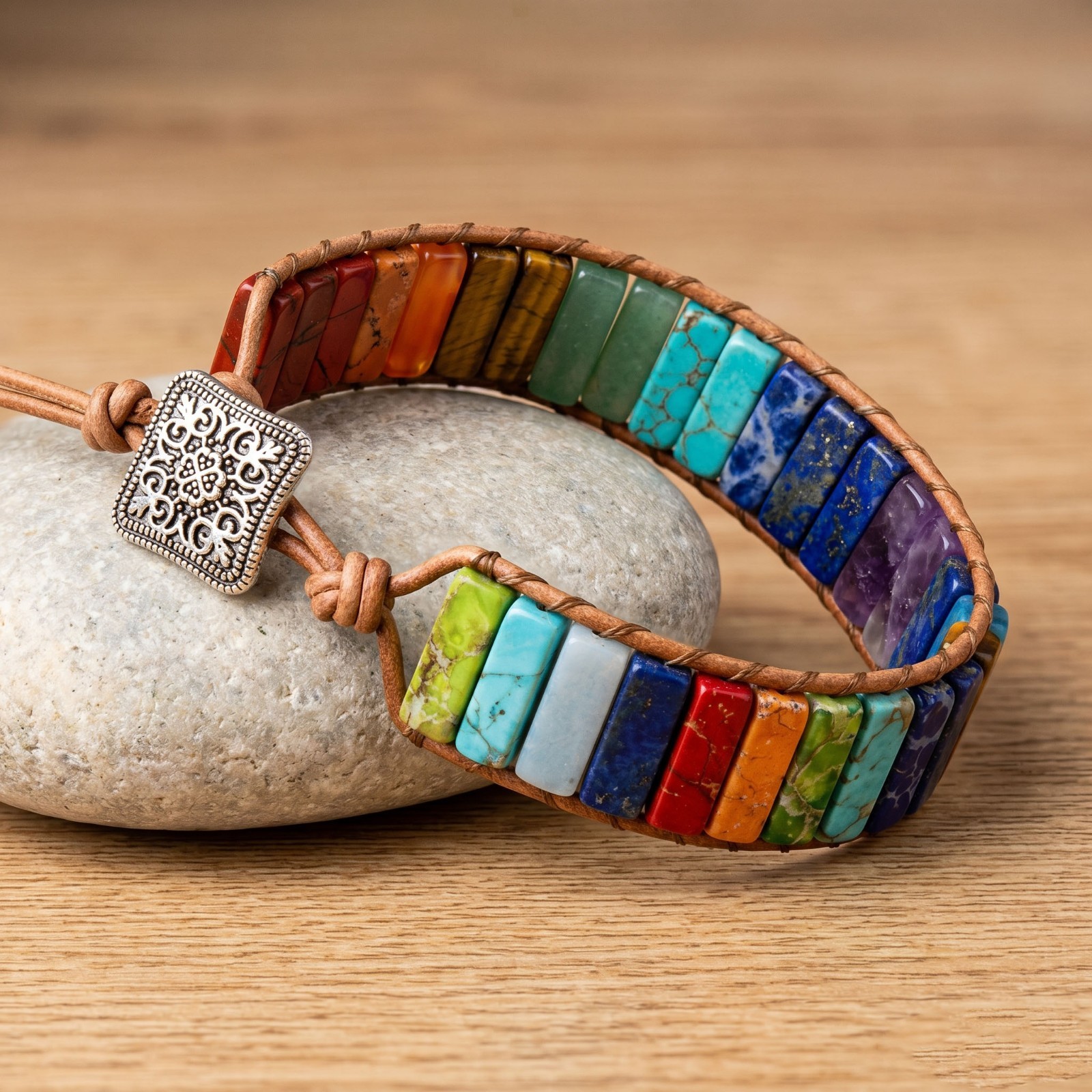 Chakra Rainbow Stone Beaded Leather Wrap Bracelet Boho Healing Jewelry For Women