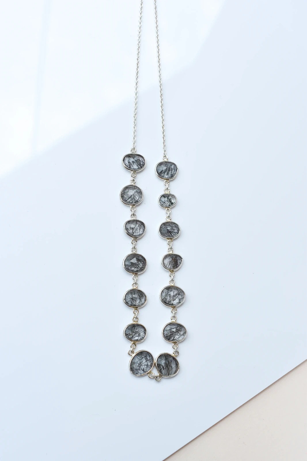IGS Certified Black Rutilated Quartz Station Necklace, 925 Sterling Silver, Tour