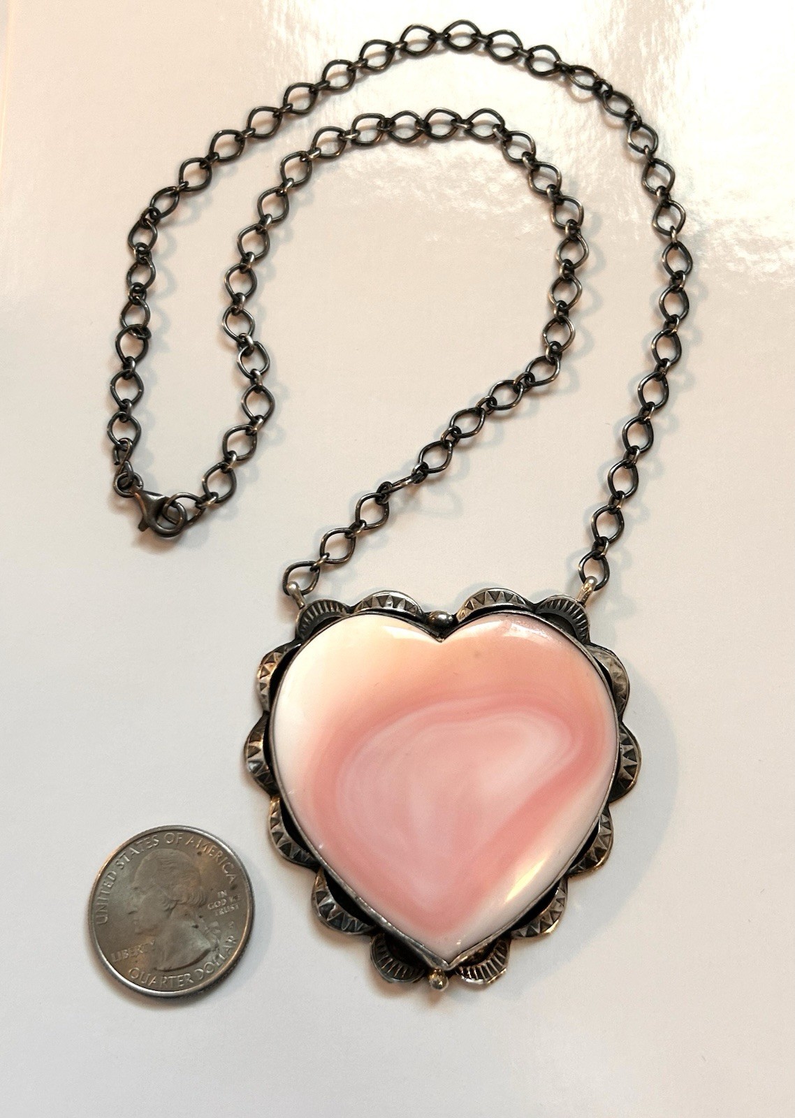 Navajo Handmade Sterling Silver & Pink Conch Heart Necklace by Artist Tia Long